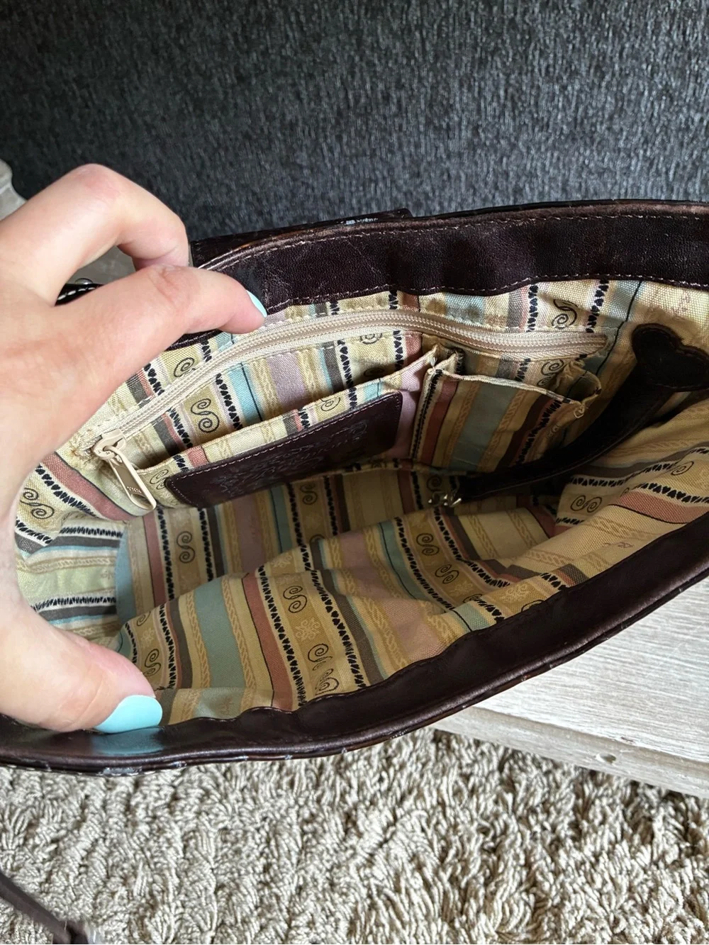 Vintage Brighton Woven Tan Straw Shoulder Bag With Paten Leather Croc Embossed